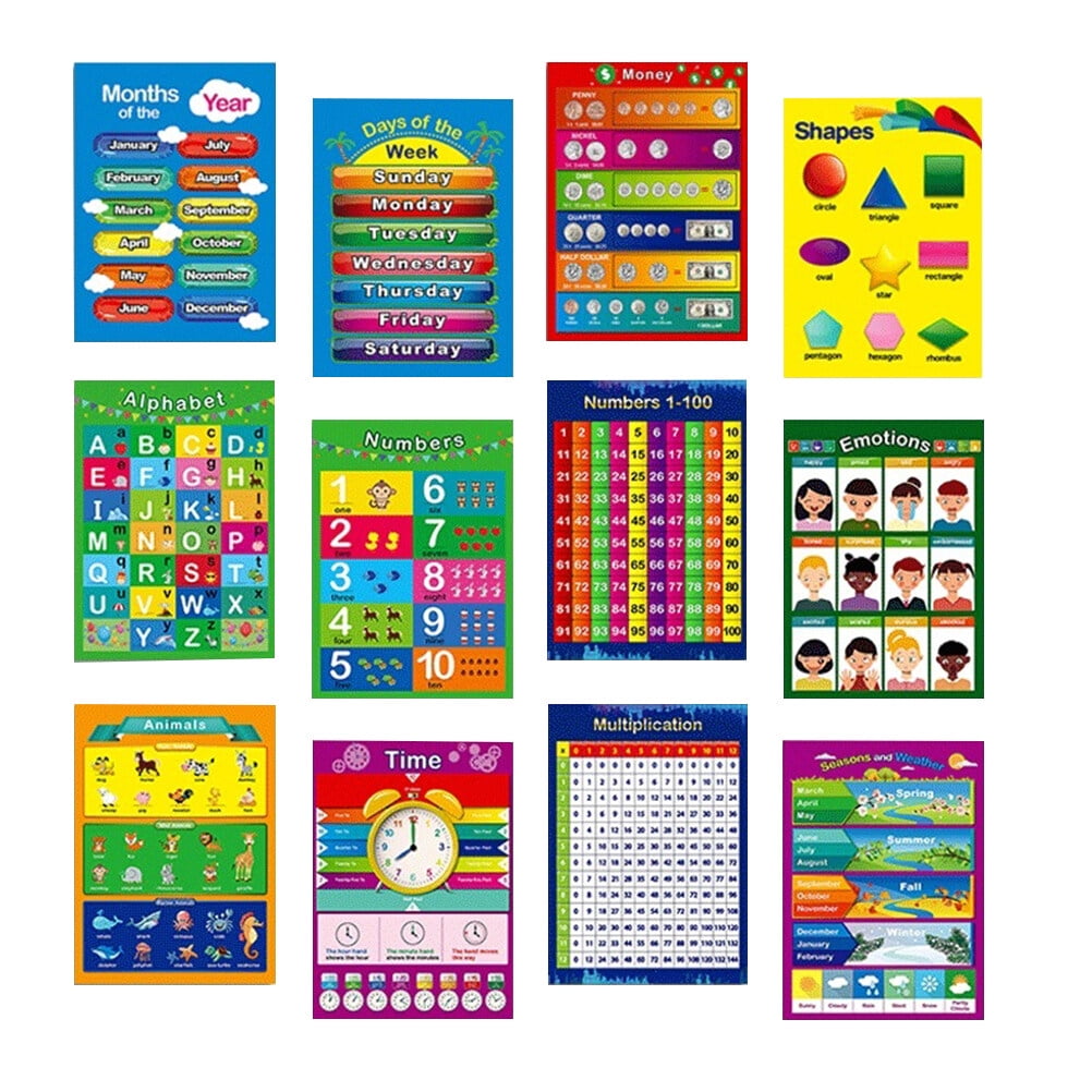 12 Pcs Educational Preschool Poster Children Wall Poster English Words