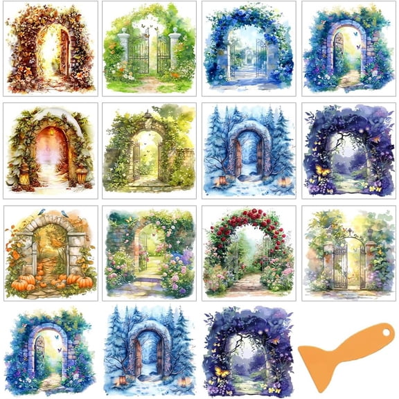 12 Pcs Elf Garden Gate Rub on Transfers Crafts 12 Styles Floral Garden Rub on Transfer Stickers Art Style PVC Rub On Decals