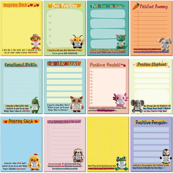 12 Pcs Emotional Support Sticky Notes with Positive Crochet Animals Design 3 x 4 Inch Cute Motivational Memo Notepads Positive Gifts for Teacher Nurse Coworkers Work Studying Supplies