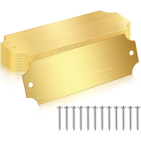 12 Pcs Engraved Name Plates Laser Brushed Solid Metal Plate Personalized Plaque Blank Custom Name Tag Frame Label with Adhesive Backing and Screws for DIY(Gold Notched Corner,1'' X 3'')