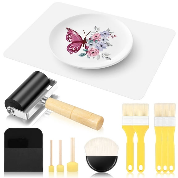 12 Pcs Essential Decoupage Tool Set Includes 5 Decoupage Brush 3 Sponge Brush 1 Rubber Roller 1 Scraper 1 Silicone Table Mat 1 Semi Circular Applicator for DIY Arts and Crafts