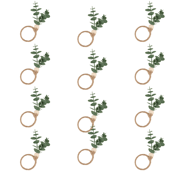 12 Pcs Eucalyptus Napkin Rings Set, Green Leaf Design, Farmhouse Wood Bead Jute Rope, Rustic Napkin Holders for Dinner Table Decor, Weddings, Holiday Parties