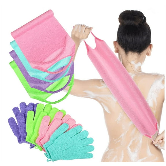 12 Pcs Exfoliating Back Scrubber with Handles Set of 8 Shower Bath Gloves 4 Pairs Scrub for Women Men Children Skin, Stretchable Pull Strap Washcloth