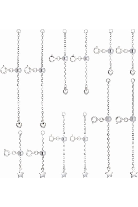 12 Pcs Extension Chains for Necklace 2 Styles Heart Star Bracelet Anklet Extension Chains Extender Chain Links for Women Jewelry Making 1.6/2.6/3.3 inch Metal Platinum