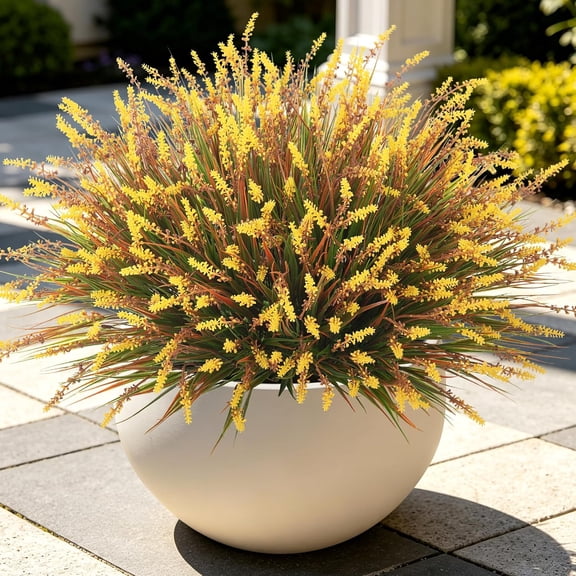 12 Pcs Fake Fall Plants Artificial Monkey Grass for Outdoors Planter Decor | Faux Lavender Flowers UV Resistant Autumn Decoration, Shrubs No Fade Garden Porch Balcony(Brown Yellow)