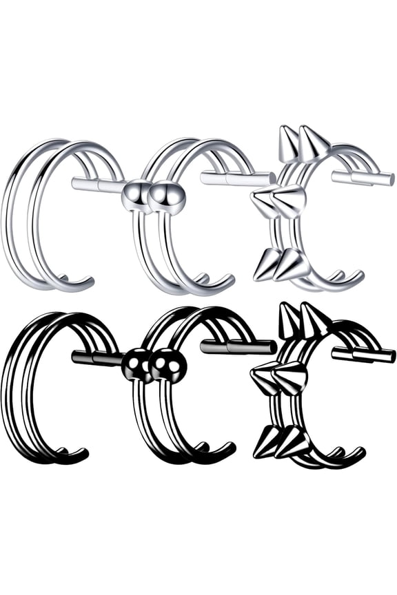 12 Pcs Fake Lip/Nose Piercing Set, Stainless Steel Nose Ring Fake Lip Piercing, 3 Styles (Spike/Ball/Plain) Silver & Black for Festivals Cosplay & Daily Wear No Pierced Jewellery for Women