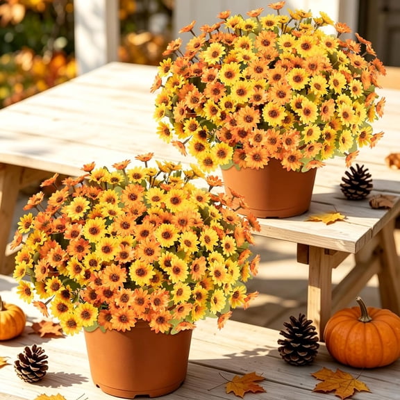 12 Pcs Fake Mums Artificial Fall Flowers for Outdoor Porch Decor | 6 Yellow and 6 Orange Silk Daisy Flowers, UV Resistant Faux Fall Flowers for Outside Planters Window Boxes Porch Patio Decor