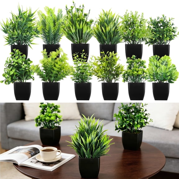 12 Pcs Fake Plants in Black Pots, Mini Artificial Eucalyptus Potted Plants, Small Realistic Faux Greenery Fern Plants for Living Room, Bathroom, Office Table Decor
