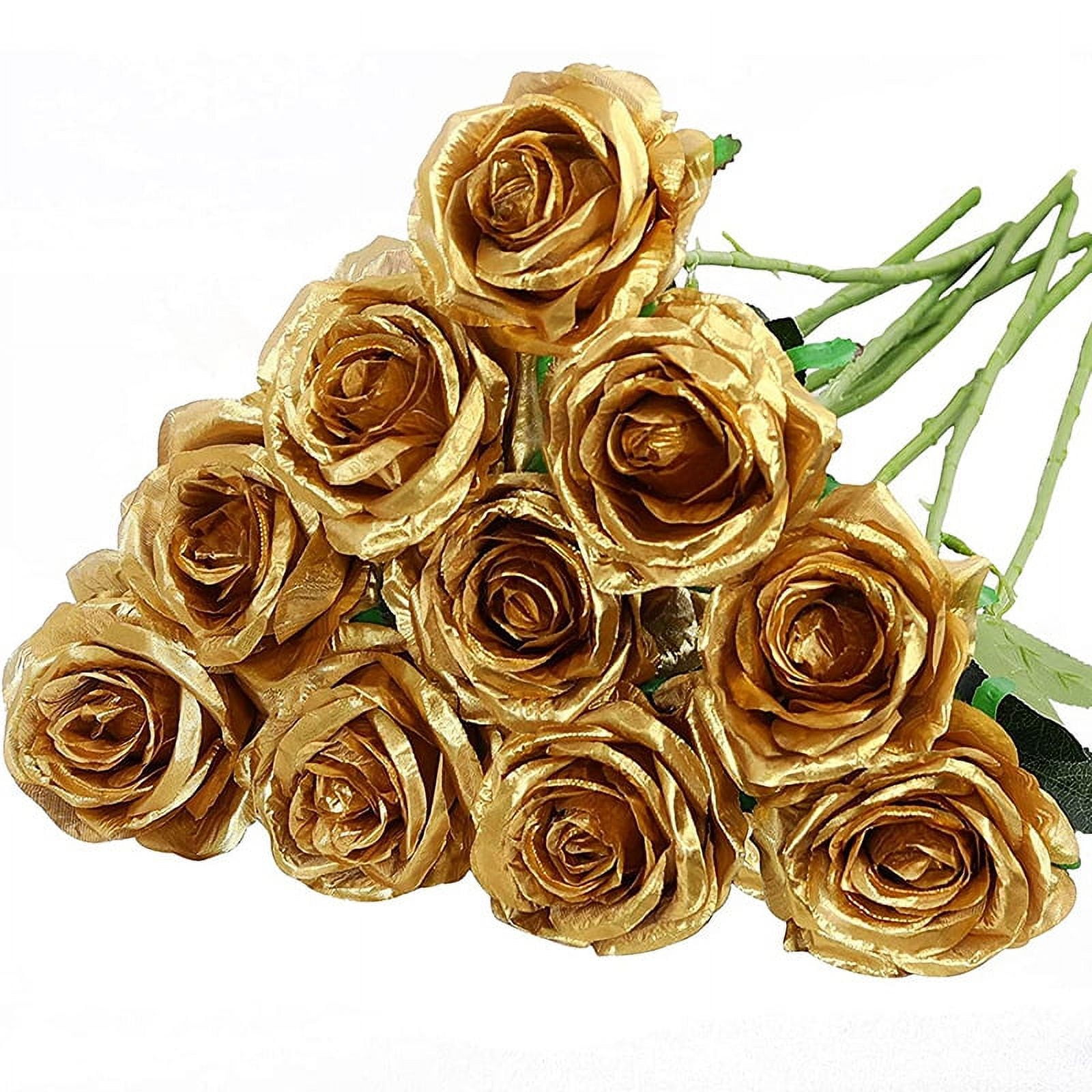 10 Pcs Artificial Silk Rose Flowers Single Stem Fake Roses Flowers For Home  Party Wedding Bouquet (gold)