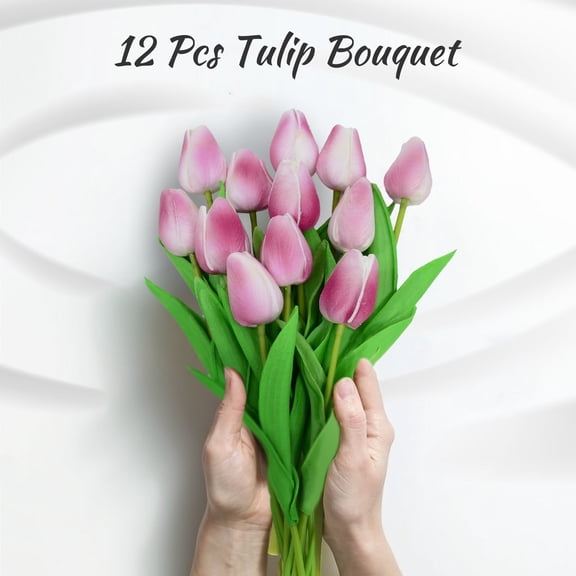 12 Pcs FakeTulips,Tulips,Artificial Flowers,Faux Tulip Stems,Real Touch Tulips for Wedding Party/Easter/Home Decoration/Gift(Pink)