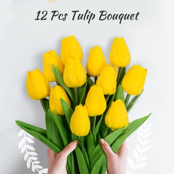 12 Pcs FakeTulips,Tulips,Artificial Flowers,Faux Tulip Stems,Real Touch Tulips for Wedding Party/Easter/Home Decoration/Gift(Yellow)