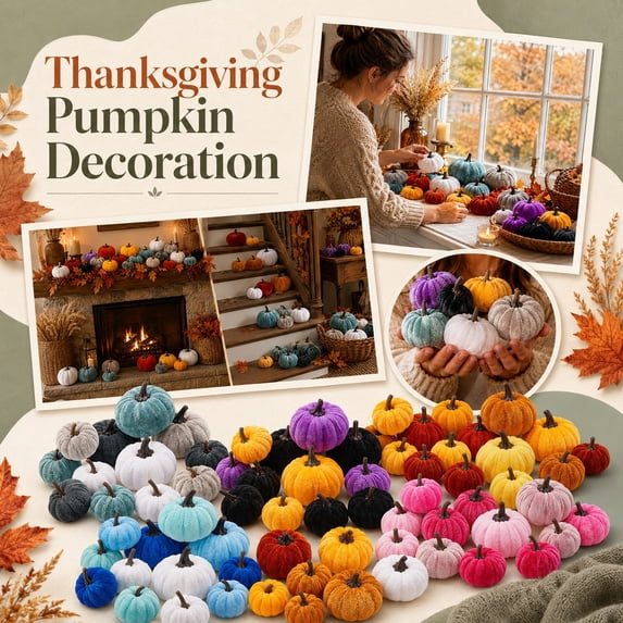 12 Pcs Fall Decor Pumpkins Velvet Pumpkins Blue White Light Blue Small Decorative Pumpkins for Halloween Thanksgiving Tiered Tray Table Party Home Decor