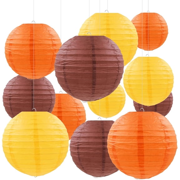 12 Pcs Fall Paper Lanterns Thanksgiving Decorations Yellow Orange and Brown Paper Lanterns Autumn Decorative Round Hanging Party Decorations Harvest Theme Party Supplies