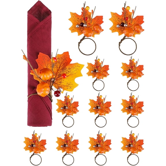 12 Pcs Fall Pumpkin Maple Leaf Napkin Rings, Artificial Harvest Table Decor for Thanksgiving Dinner