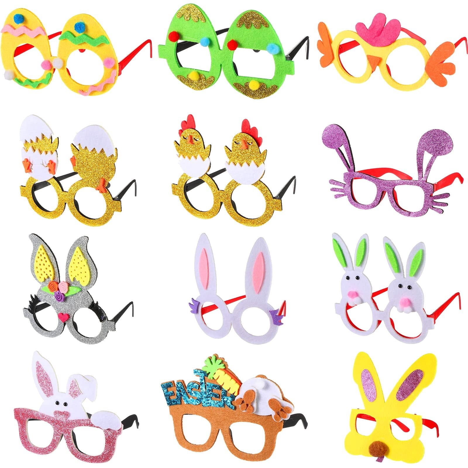 12 Pcs Felt Easter Glasses Easter Egg Glasses Frame Bulk Bunny Eyeglasses Plastic Photo Props for Kids Adult Easter Basket Stuffers Filler Easter Party Favors Decor Supplies