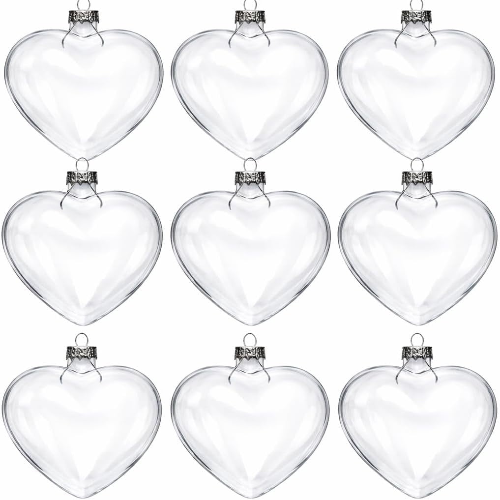 4E's Novelty 12 Pcs Fillable Glass Heart Ornaments 60mm Clear DIY Christmas Tree Decor Crafts Gifts