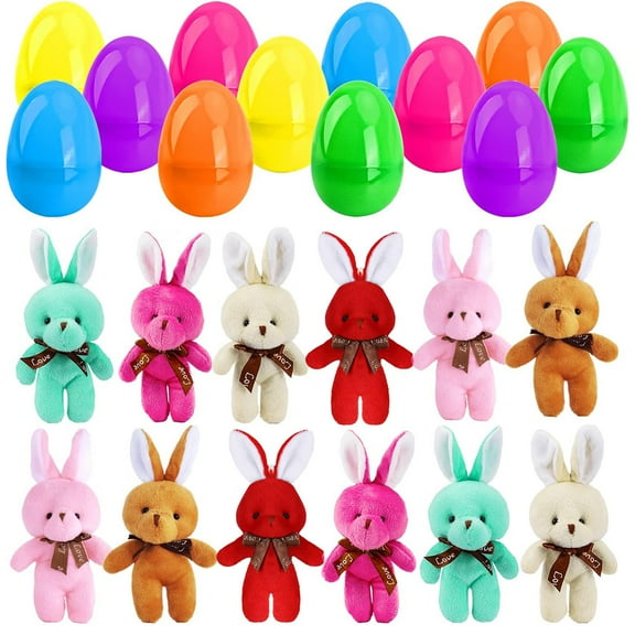 12 Pcs Filled Easter Eggs with Plush Bunny, Bright Colorful Bunnies for Kids and Toddlers, Easter Basket Stuffers and Party Favors, Classroom Prize Supplies