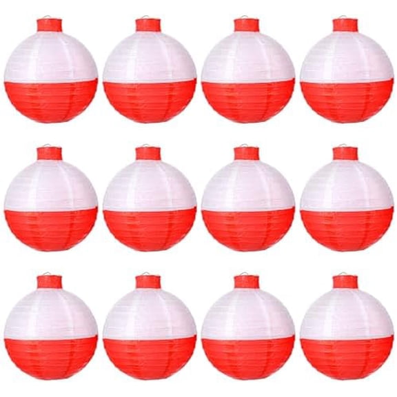 12 Pcs Fishing Bobber Lanterns, 8 Inch Fishing Bobber Birthday Decorations Paper Lanterns Round Hanging Paper Lantern for Fishermen Themed Party, Festivals, Birthday Decor (Red and White)