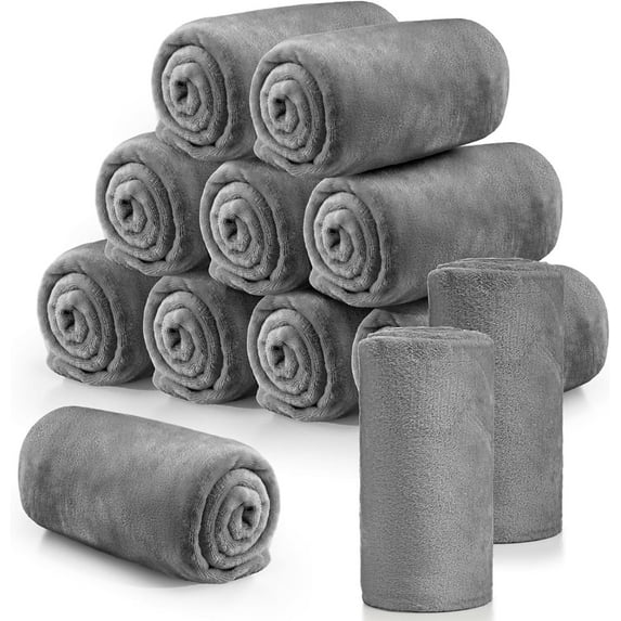 12 Pcs Flannel Fleece Throw Blanket Bulk 50 x 60 Inch Soft Fleece Blanket Warm Throw Blanket Coral Blankets for Couch Sofa Home Wedding Gifts Season (Light Gray)