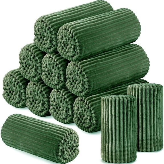 12 Pcs Flannel Throw Blanket Bulk 50 x 60 Inch Sleepover Blankets Wedding Throw Soft Lightweight with Striped Ribbed for Sofa Room Couch Donation Homeless Gifts (Dark Green)