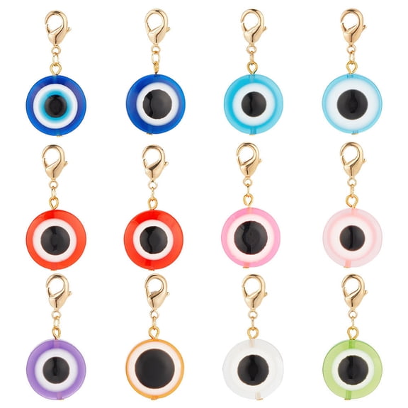 12 Pcs Flat Round Resin Charms with Lobster Clasp Random Colorful Beads Brass Resin Charms Clip on Pendant for DIY Jewelry Earring