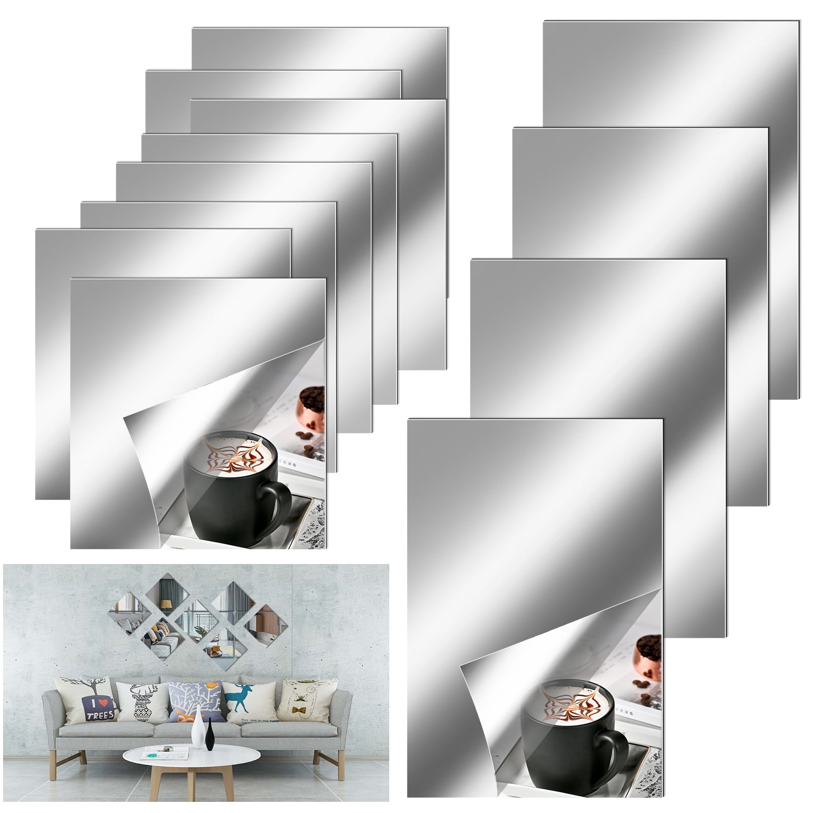 6pcs Flexible Mirror Sheets Self-Adhesive Plastic Mirror Tiles Non-Glass Mirror Wall Stickers for Home Decoration, 6 x 6 Inches, Silver