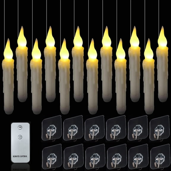 12 Pcs Floating Candles with Remote, LED Hanging Candles Flickering Warm Light Flameless Candles for Wedding Birthday Party Christmas Halloween Decorations
