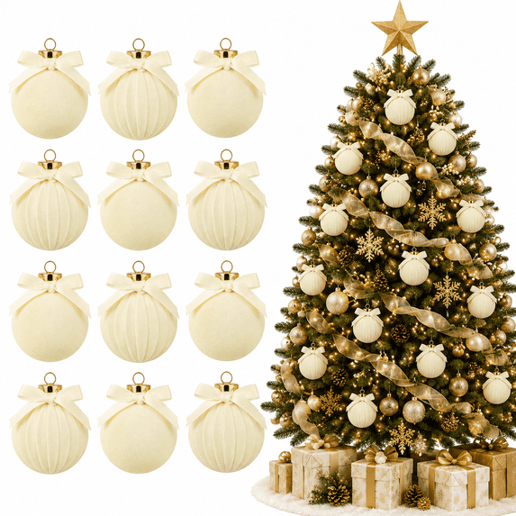 12 Pcs Flocked Bow Christmas Ball Ornaments 2.36 in Cream Velvet Tree Hanging Bulbs Decorative Set for Holiday Party Decor