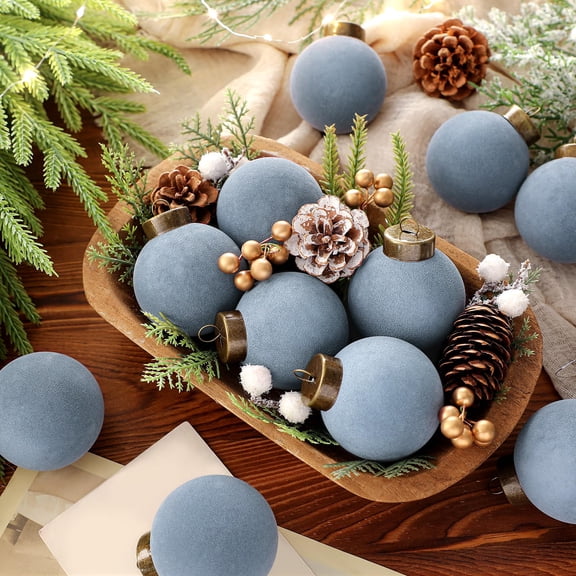 12 Pcs Flocked Velvet Christmas Ball Ornaments Blue Bulk Tree Decor