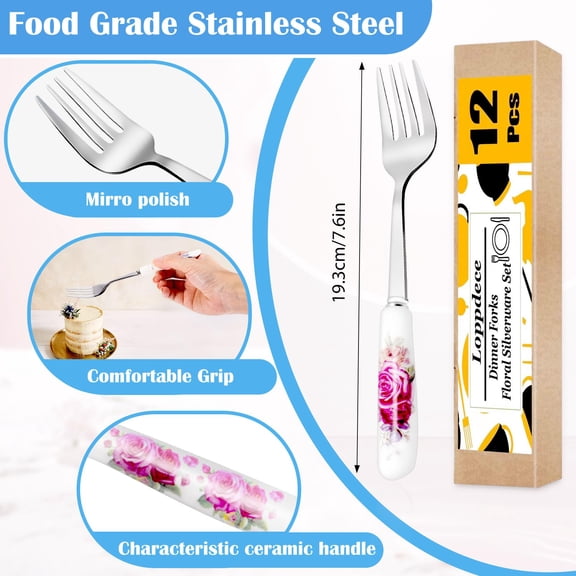 12 Pcs Floral Forks with Ceramic Handles 7.6 Inch Dinner Utensils Set