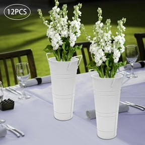 12 Pcs Flower Buckets, 9 Inch Free Standing Metal Flower Display Bucket, Modern Round Flower Display Decorative, Flower Vases for Home Wedding Garden Decorations, White