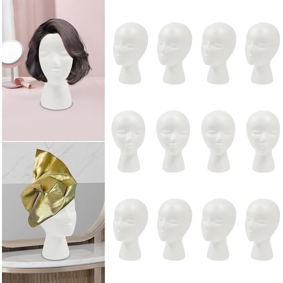 12 Pcs Foam Wig Head, Female Styrofoam Mannequin Hairpieces Stand Holder Cosmetics Model, Head Wig Display for Style, Model, Display Hair, Hats, Hairpieces, Mask , Salon and Travel