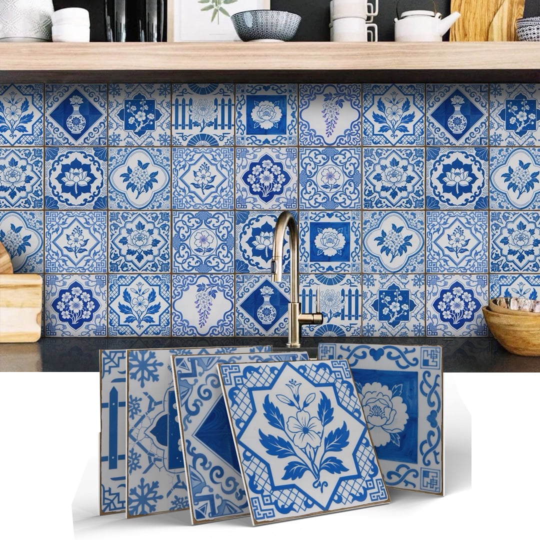 12 Pcs Foaming Board Tiles Stickers Wall Decals 5.91" x 5.91" DIY Decor Blue White Flowers Pattern Waterproof Peel and Stick Backsplash Mural