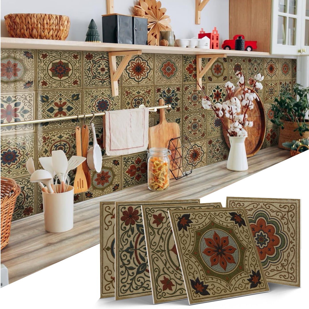 12 Pcs Foaming Board Tiles Stickers Wall Decals 5.91" x 5.91" Green Red Brown  Flowers Pattern Waterproof Peel and Stick Backsplash Mural
