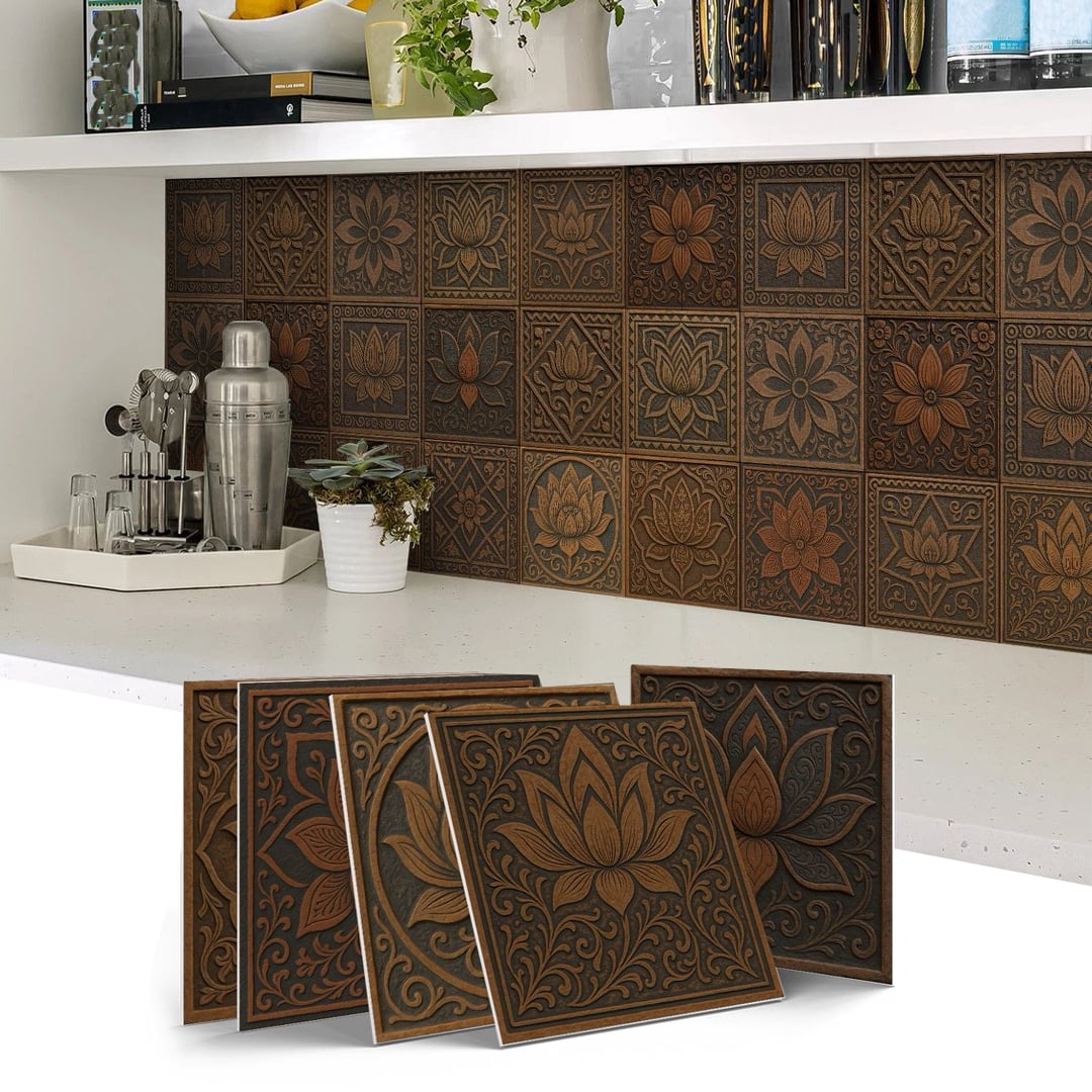 12 Pcs Foaming Board Vinyl Tiles Stickers Wall Decals 5.91" x 5.91" Waterproof Peel and Stick Backsplash Kitchen Brown Gray Flowers Pattern Mural