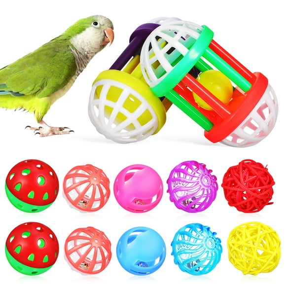 12Pcs Colorful Bird Ball with Bell - Rattan Toys for Budgie, Lovebirds, Parrots, Random Colors Included
