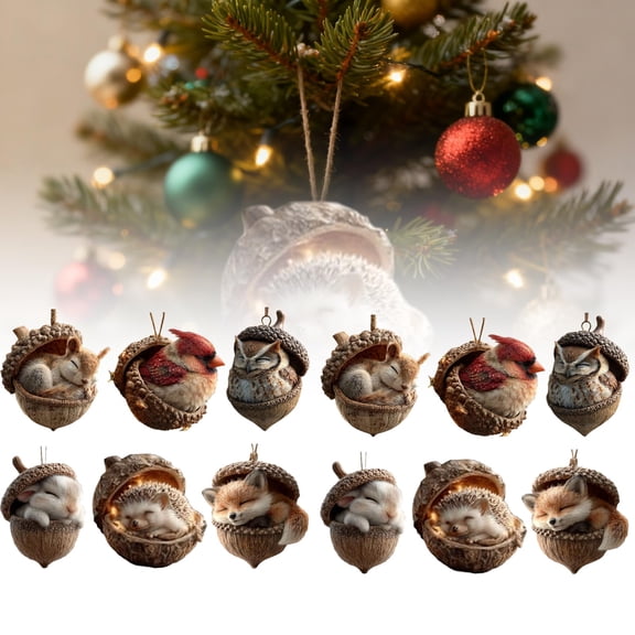 12 Pcs Forest Animal Acorn Ornaments Cozy Forest Christmas Ornaments, 2025 New Pine Cone Decoration, Woodland Creature Figurine, Acrylic Hanging Ornament Home Party Dcor