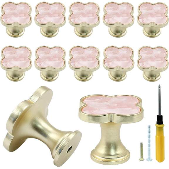 12 Pcs Four-Leaf Drawer Pulls Knobs, Gold Dresser Cabinet Knobs Pulls for Kitchen Cabinet Cupboard Door Furniture Decorative, Pink
