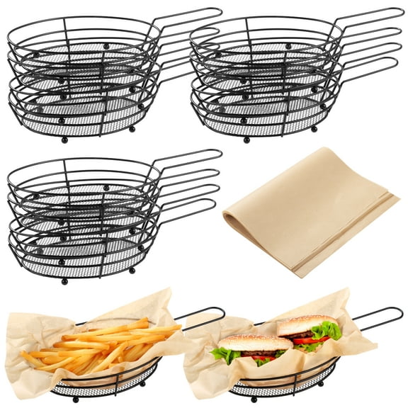 12 Pcs French Fries Baskets, Black Iron Serving Baskets with Handles, Oval Mesh Food Presentation Trays with 50 Deli Papers, Fried Food Bowls, Small Fryer Holders for Parties, BBQ, Kitchen