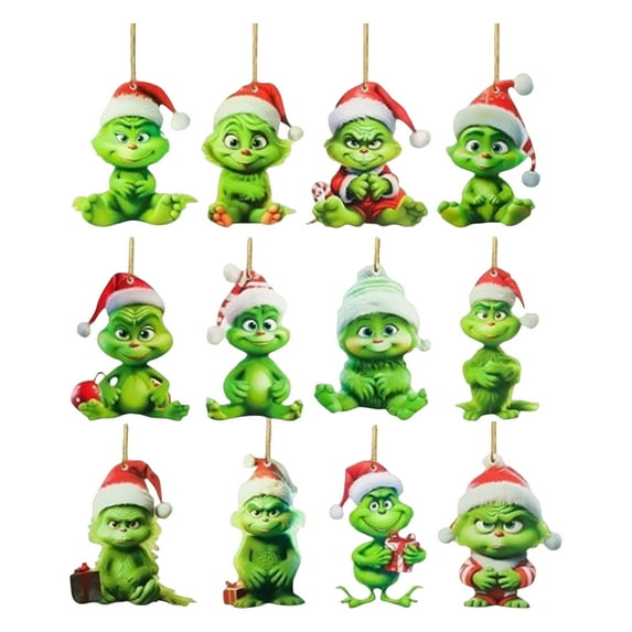 12 Pcs Funny Christmas Tree Cartoon Hanging Ornaments, 2D Flat Acrylic Green Pendant Holiday Decoration For Xmas Tree Party Supplies