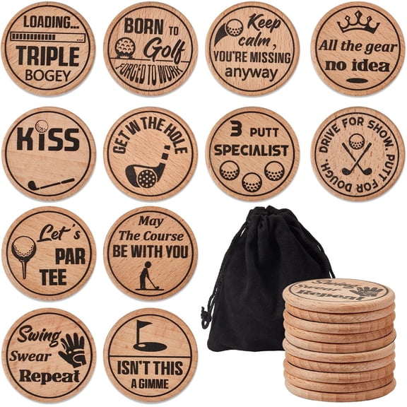 12 Pcs Funny Golf Ball Markers, Wooden Engraved Putting Green Markers with Storage Bag, Novelty Golf Accessories Gift for Men Dad Bad Putter, Tournament Prize Birthday Fathers Day (Classic)