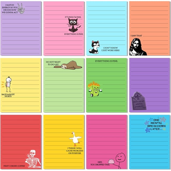 12 Pcs Funny Sticky Notes for Work 4x3 Inches Sarcastic Self Adhesive Notepads Novelty Memo Note Pads for Office Coworker Gifts Employee Appreciation Supplies(Funny,Bright Color)