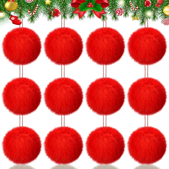 12 Pcs Furry Christmas Ball Ornaments for Xmas Tree Christmas Hanging Soft Faux Fur Pom Pom Ball Ornaments for Home Party Supplies Fireplace Mantel Wall Decor