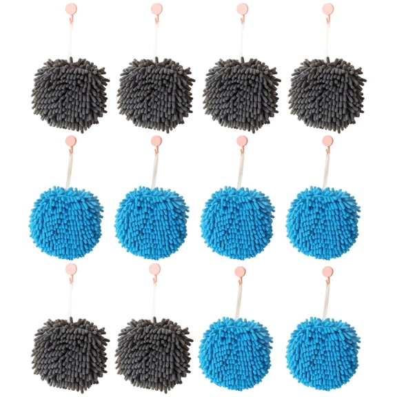 12 Pcs Fuzzy Ball Hand Towels for Bathroom, Chenille Sponge Hand Towels with Hanging Hooks, Soft, Absorbent, Quick-Drying, Available in Lake Blue and Grey, Ideal for Bathroom and Kitchen Use