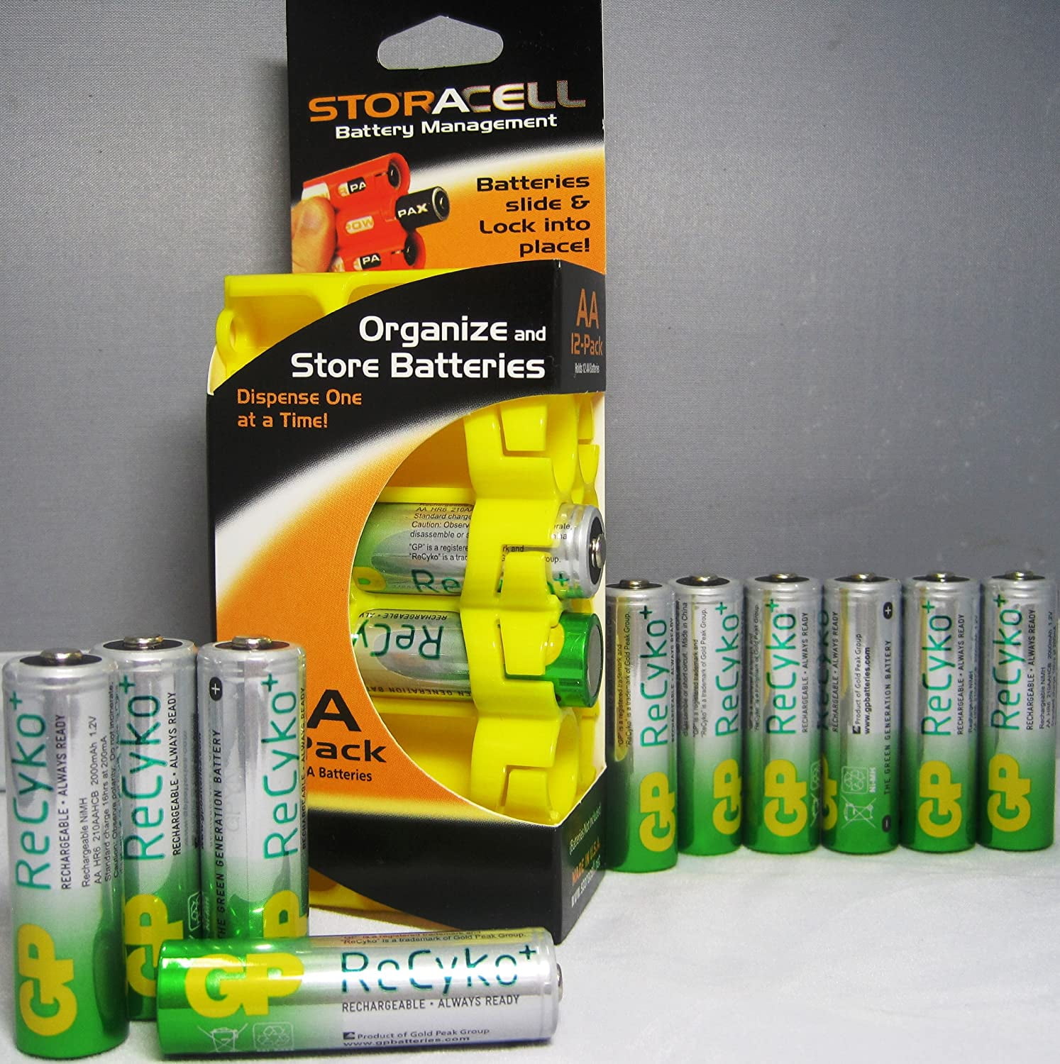 12 Pcs GP Recyko New AA Ni-MH Pre-Charged Rechargeable Battery 2000 mAh with Powerpax AA 12 Pack Battery Caddy,Holds 12 AA Batteries