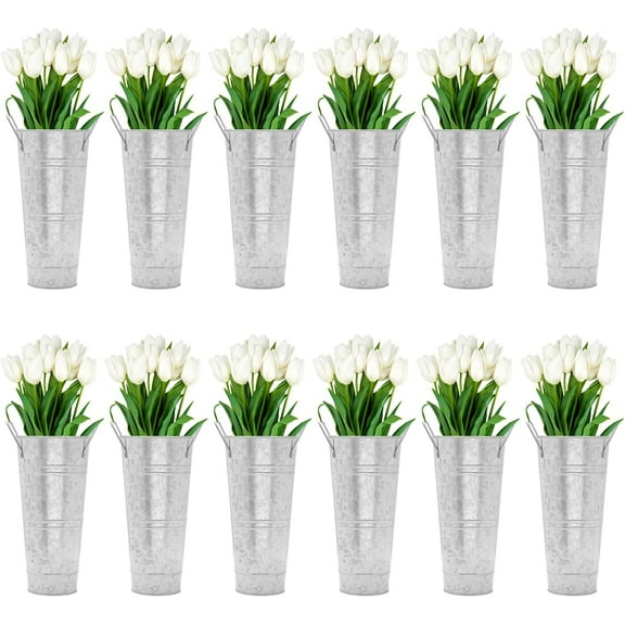 12 Pcs Galvanized Metal Flower Buckets, 9 Inch Wedding Flower Display Bucket Modern Round Vases for Centerpieces Display, Decorative Metal Vases for Table Home Wedding Decorations (Sliver)
