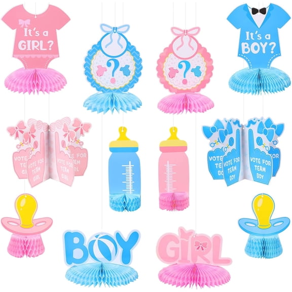 12 Pcs Gender Reveal Table Centerpieces Decorations Boy or Girl 3D Honeycomb Blue and Pink He or She Hanging Decorations for Newborn Party