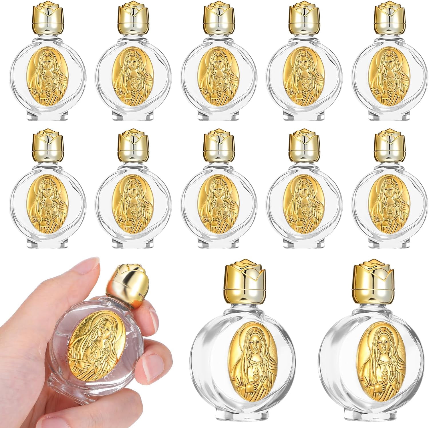 12 Pcs Glass Holy Water Bottles 0.5 Floz Embossed Portable Glass Travel Bottles Girl Communion Church Gifts for Home Wedding Baptism Favors(Gold,Immaculate Heart of Mary)