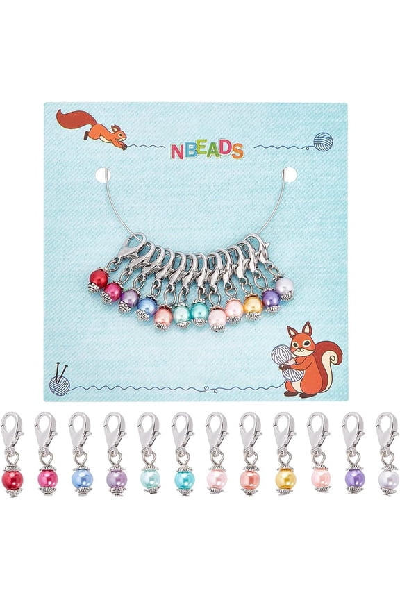 12 Pcs Glass Pearl Stitch Markers Alloy Enamel Crochet Charms Locking Stitch Marker for Knitting Weaving Sewing Accessories Quilting Jewelry Making Mixed Color