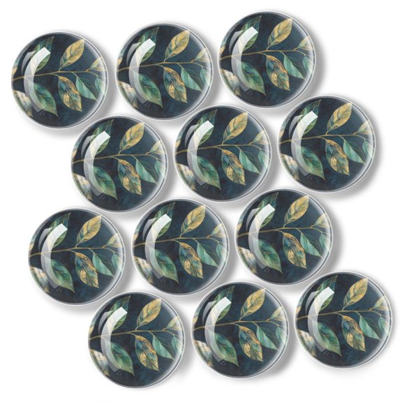 12 Pcs Glass Refrigerator Magnet Magnetic Fridge Sticker,Decor for Kitchen,Whiteboard, Cabinet,Branch With Leaves In Gold And Green Painted On Dark Blue Background
